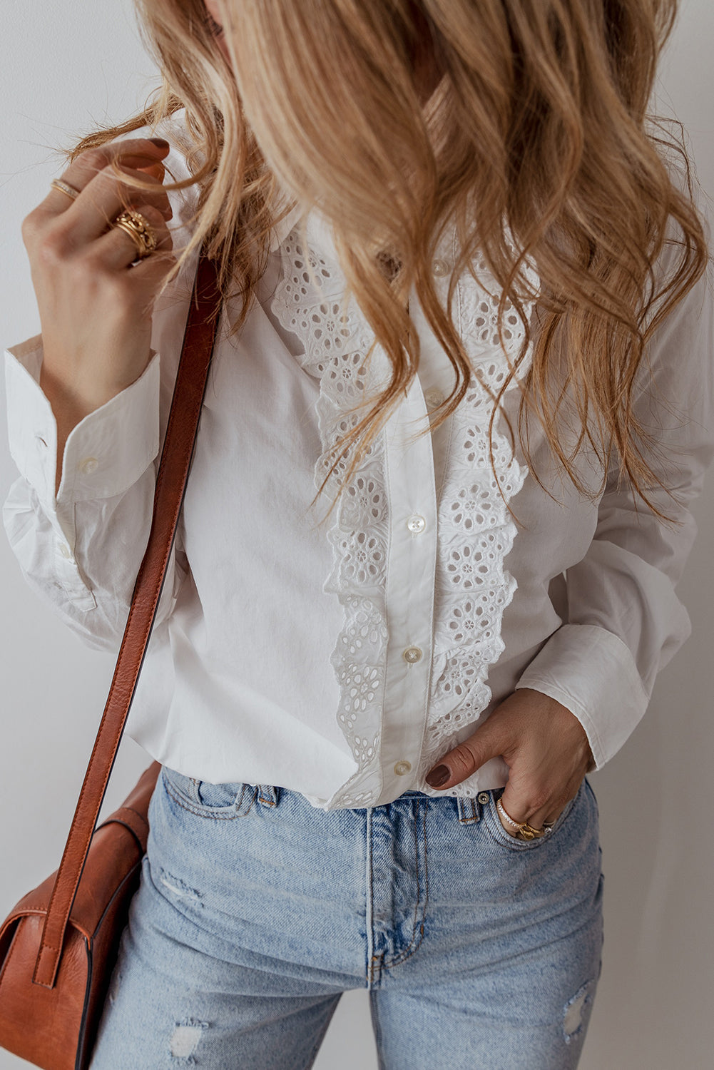 Lace Crochet Trim Turn Down Collar Buttoned Shirt