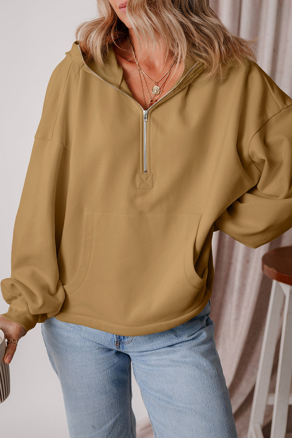 Fleece Lined Half Zipper Kangaroo Pockets Loose Hoodie