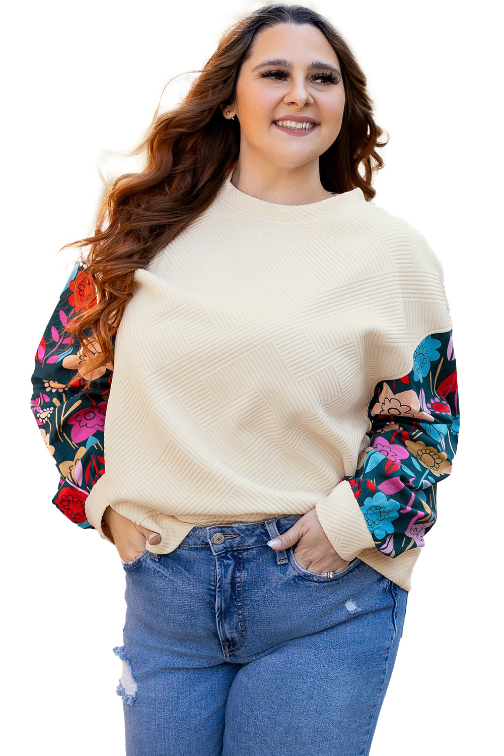 Floral Patchwork Sleeve Textured Plus Size Pullover Top