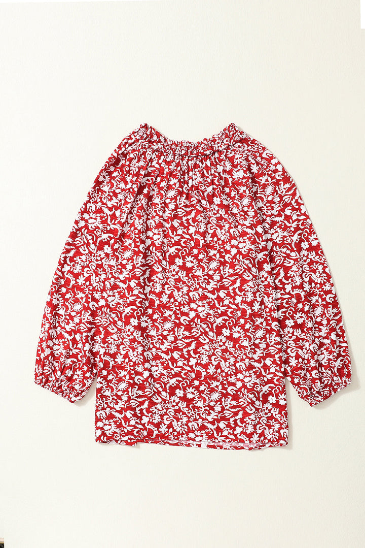 Floral Print Smocked Tie Neck Blouse