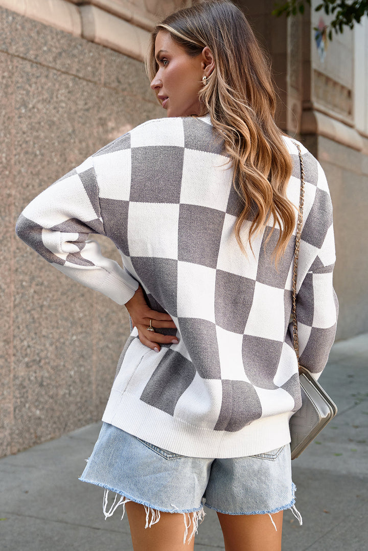 Contrast Checkered Print Button Up Sweater Cardigan