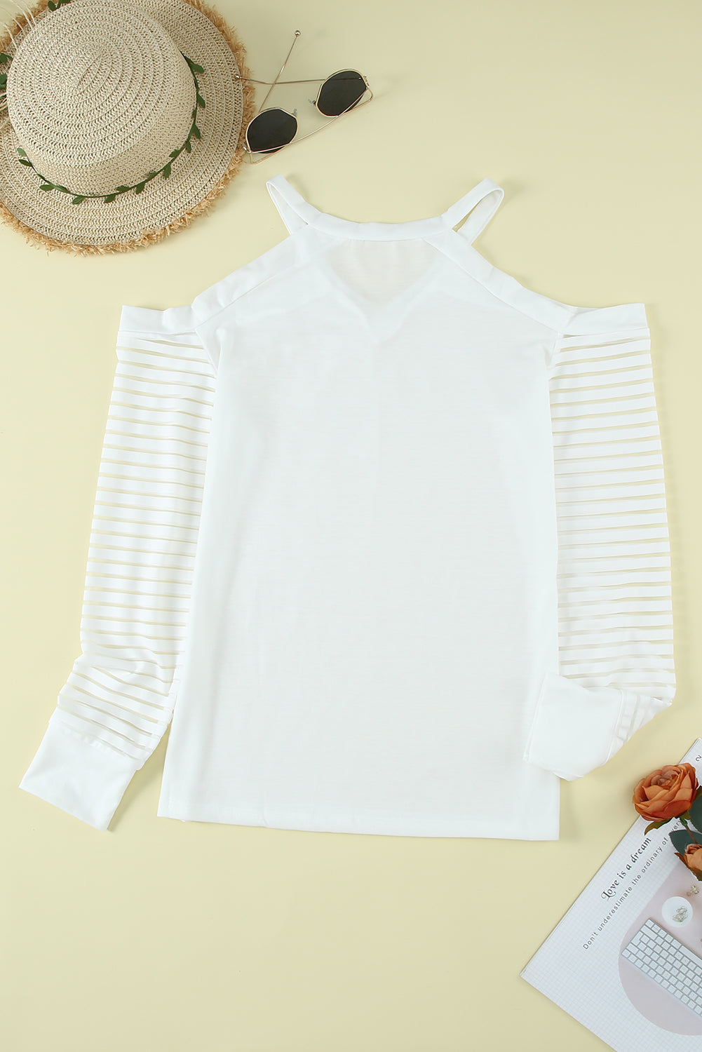 Mesh Striped Cut-out Cold Shoulder Long Sleeve T-shirt