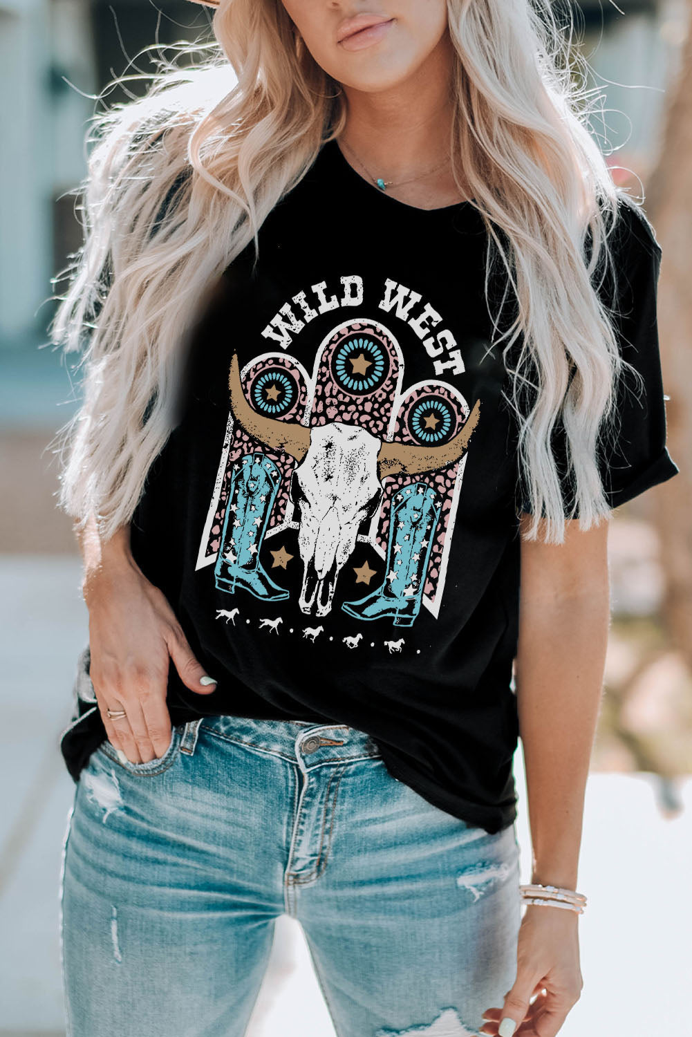 WILD WEST Steer Skull Graphic T Shirt