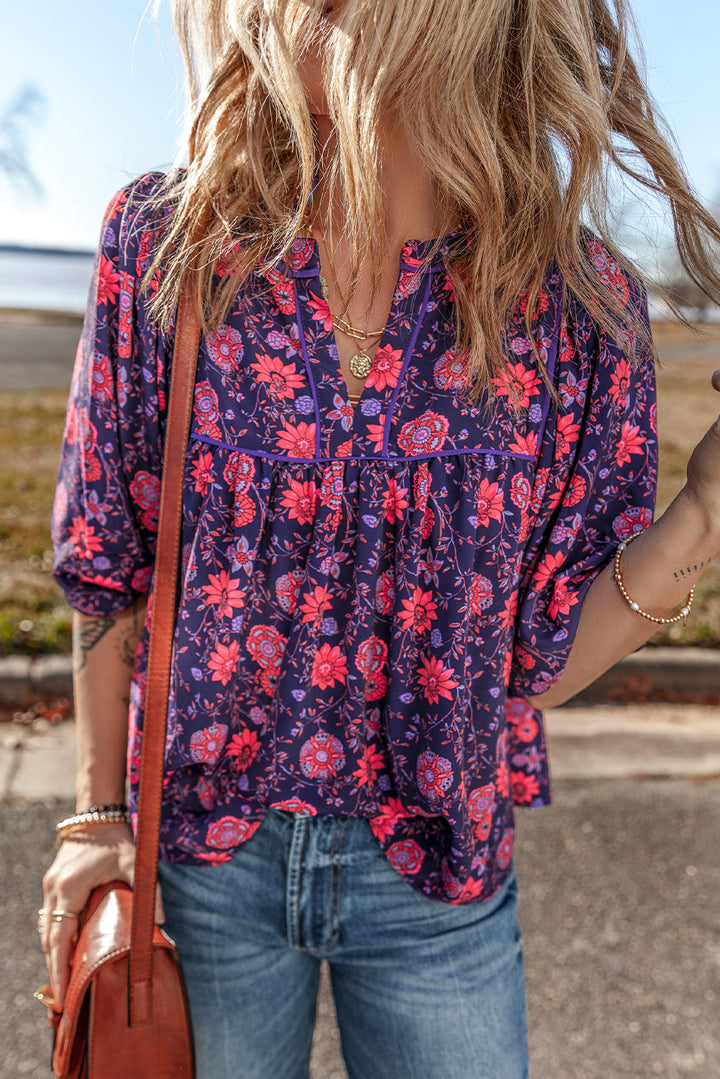 Floral Half Sleeve Split Neck Blouse Top