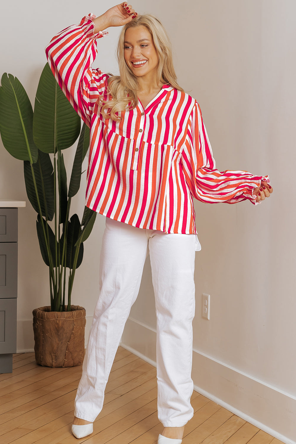 Balloon Sleeve Notched V Neck Buttoned Front Blouse