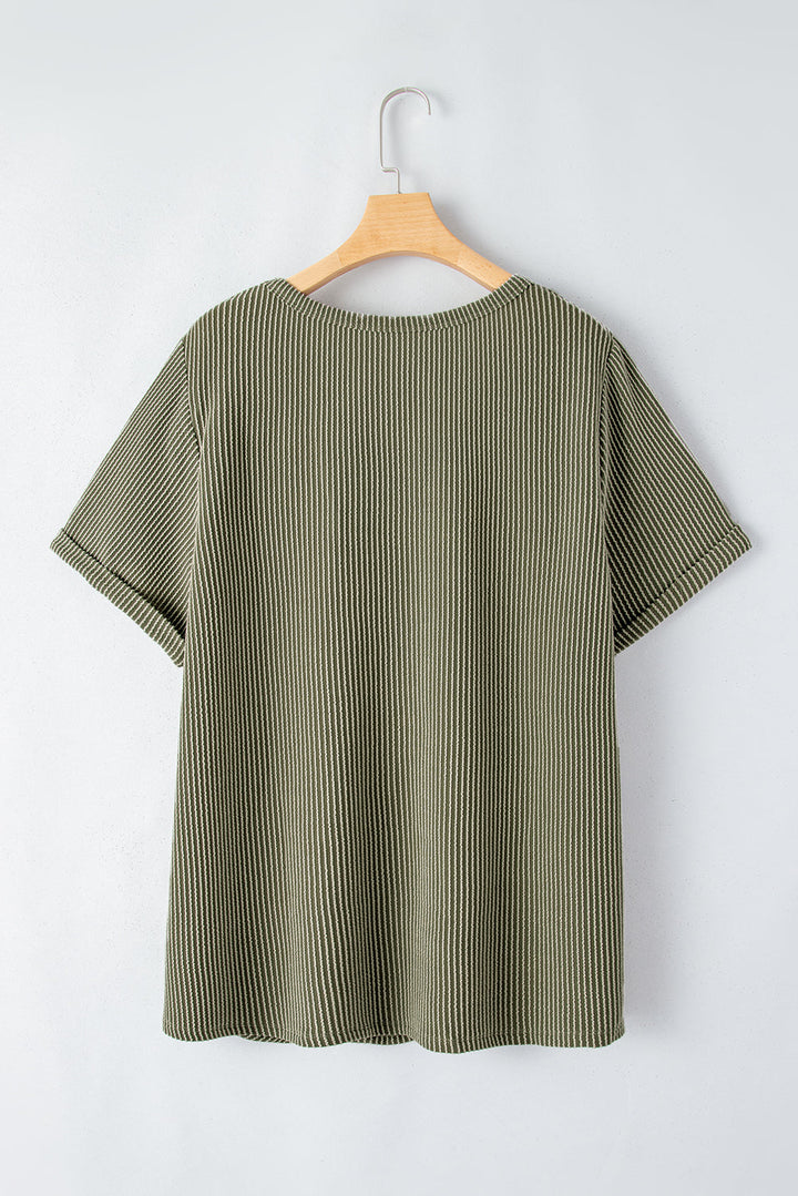 Plus Size Corded V Neck Patch Pocket Tee