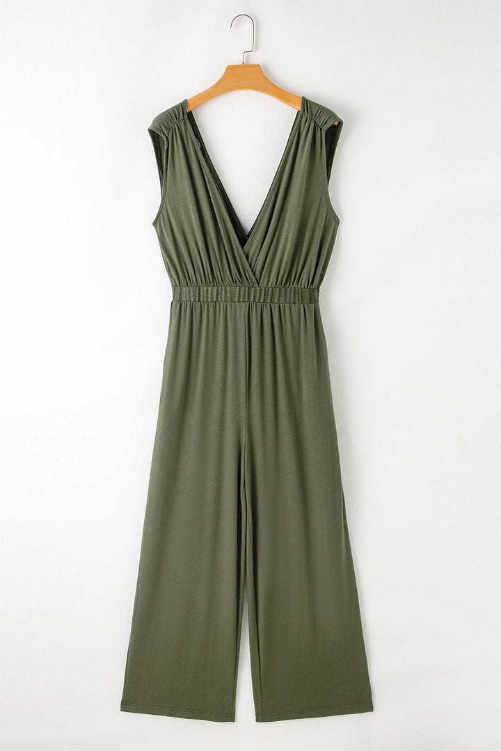 Deep V Pleated Crisscross Wide Leg Backless Jumpsuit