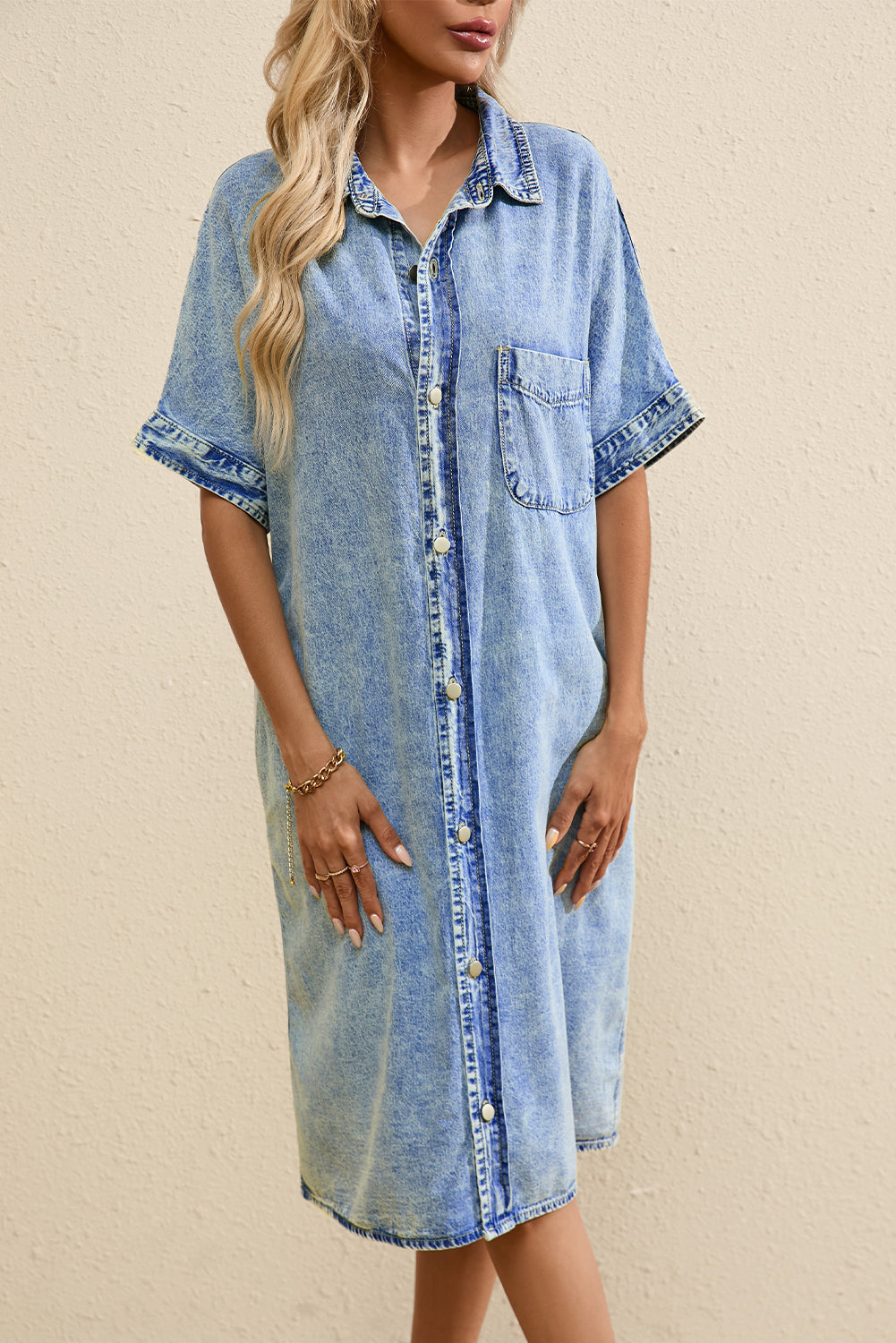 Loose Medium Wash Short Sleeve Shirt Chambray Dress