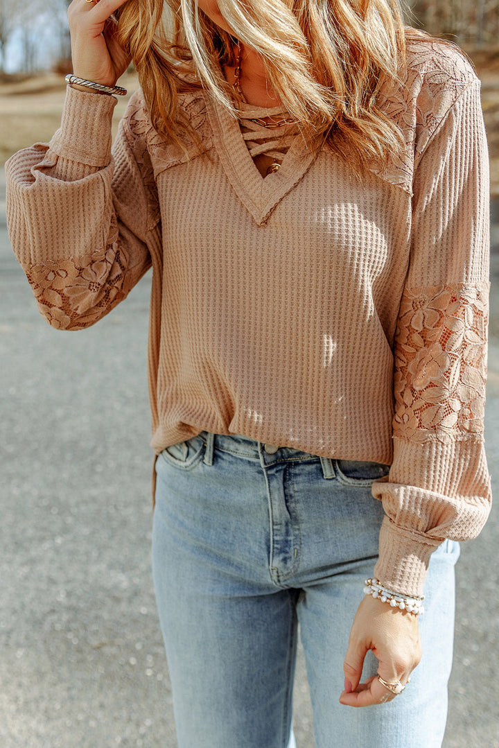 Lace Waffle Patchwork Strappy V Neck Long Sleeve Top