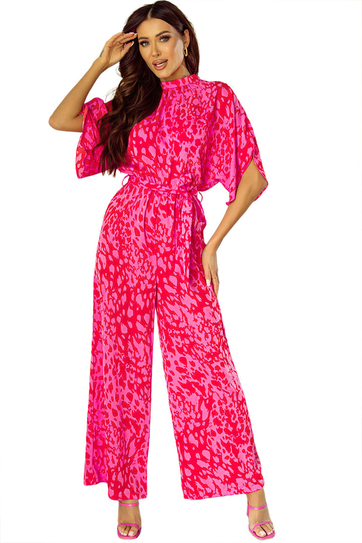 Leopard Loose Sleeve Belted Wide Leg Jumpsuit