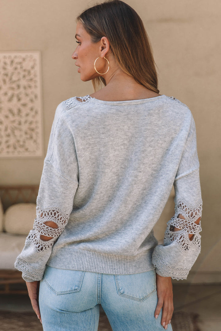 Hollowed Lace Splicing V Neck Loose Sweater