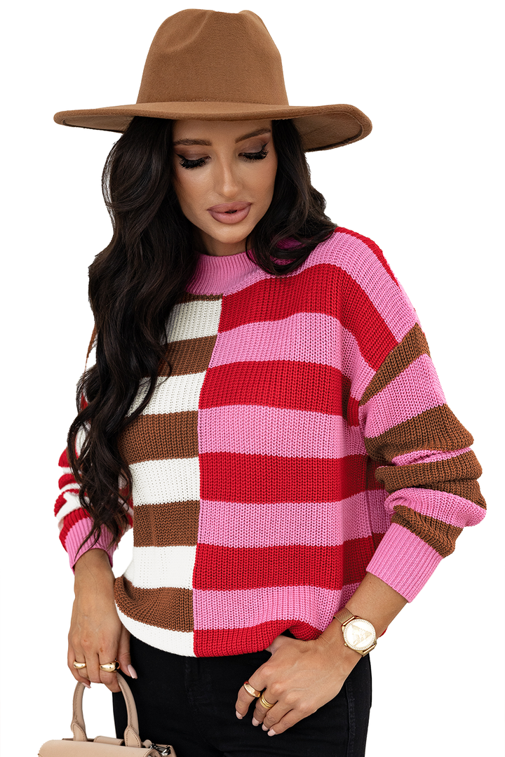 Color Block High Neck Drop Shoulder Loose Sweater