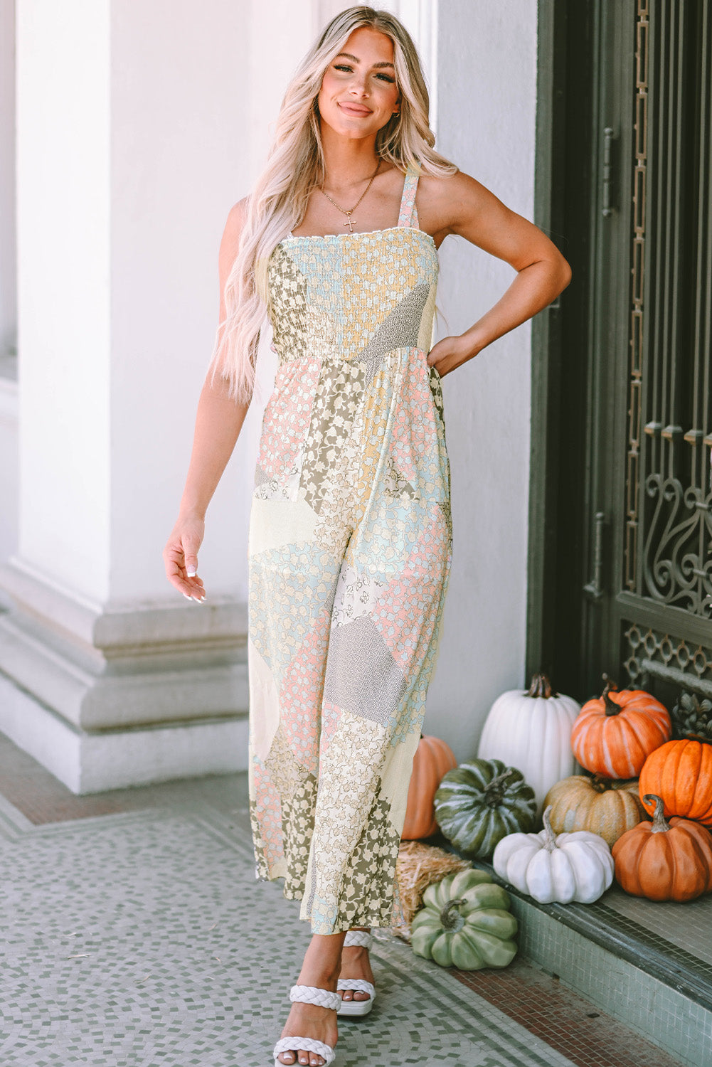 Irregular Patchwork Print Smocked Wide Leg Jumpsuit