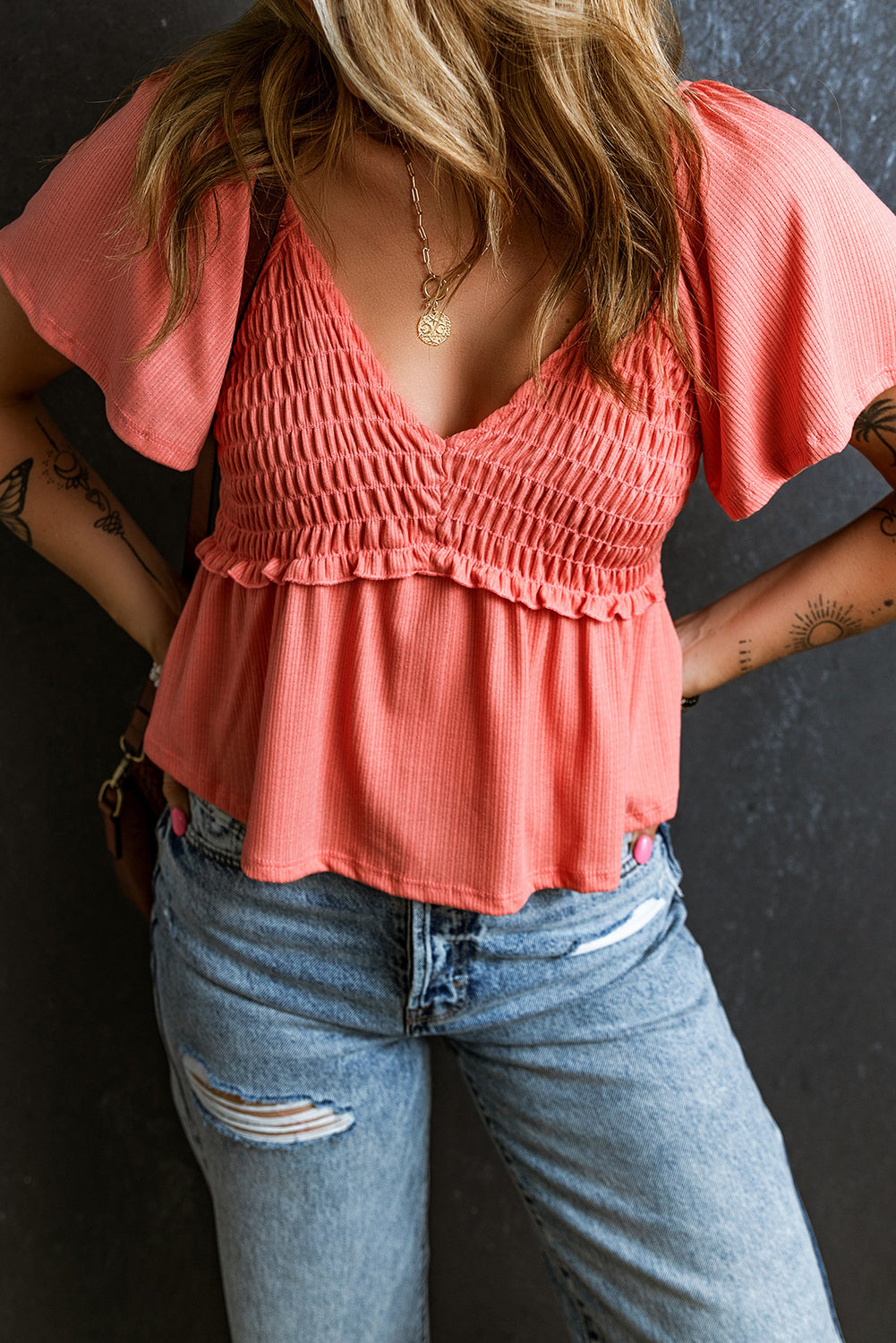 Shirred V Neck Short Flutter Sleeve Textured Blouse