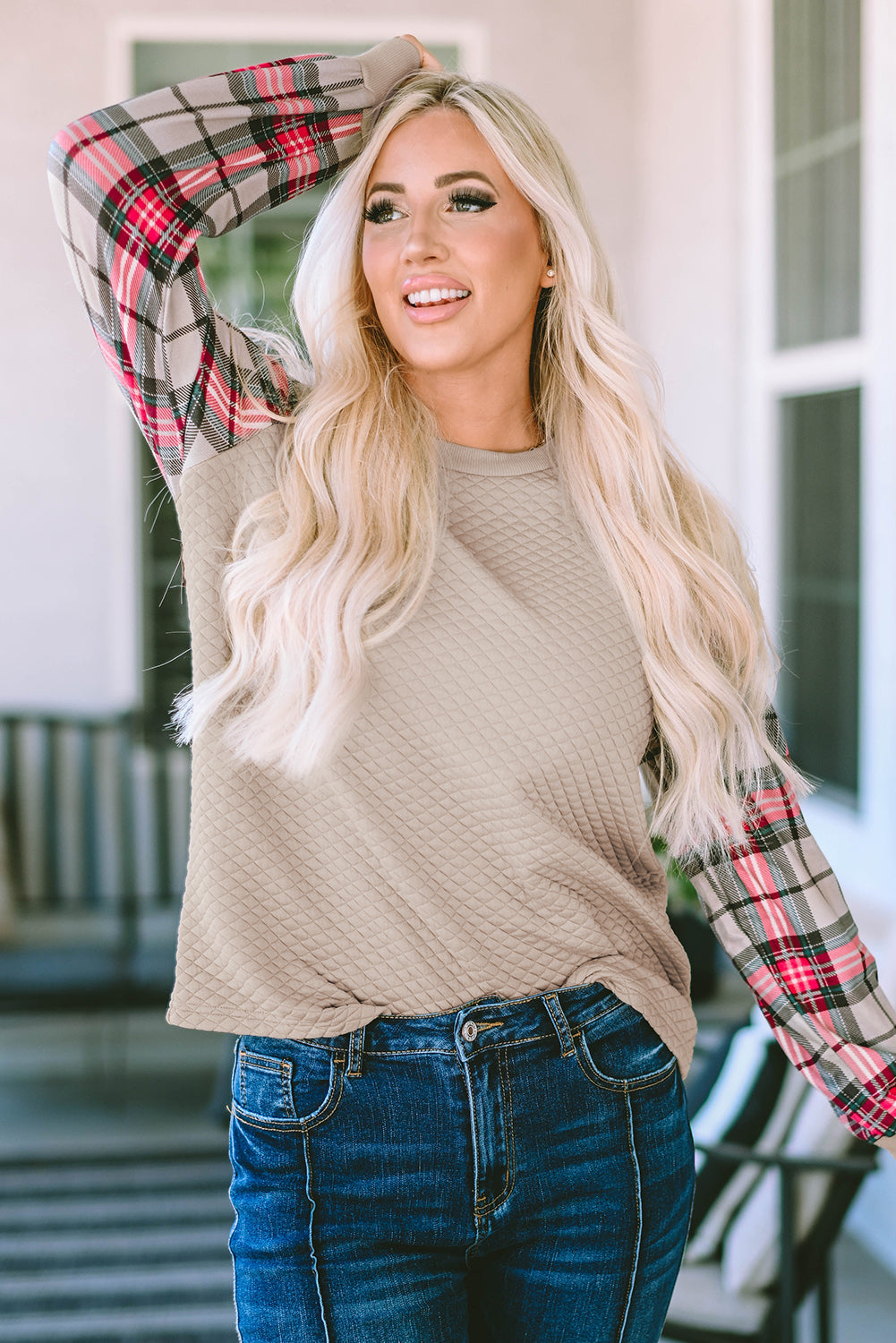 Plaid Raglan Sleeve Sweatshirt