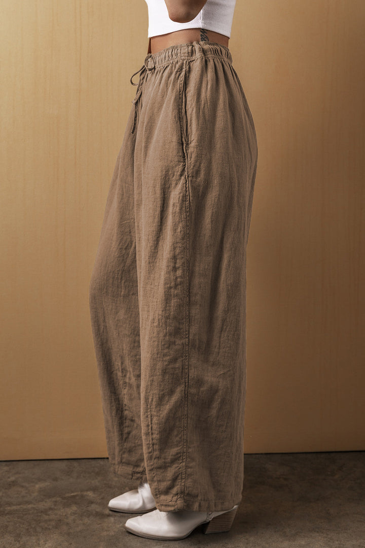 Cotton Linen Drawstring Waist Wide Leg Pants