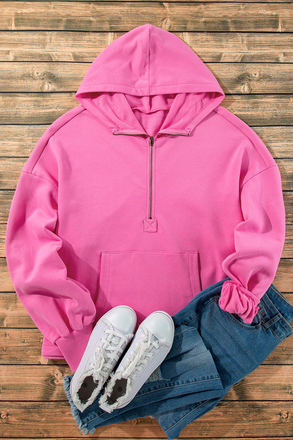 Fleece Lined Half Zipper Kangaroo Pockets Loose Hoodie