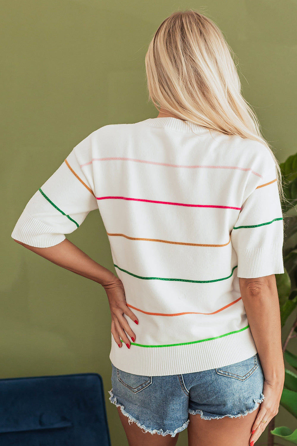 Colorblock Striped Half Sleeve Drop Shoulder Sweater