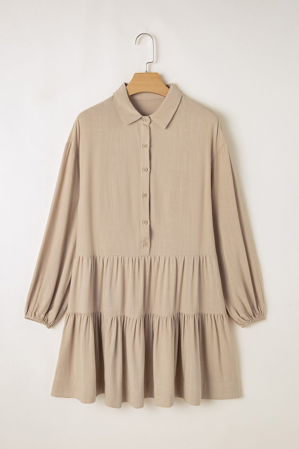 Puff Sleeve Buttoned Tiered Pleated Shirt Mini Dress