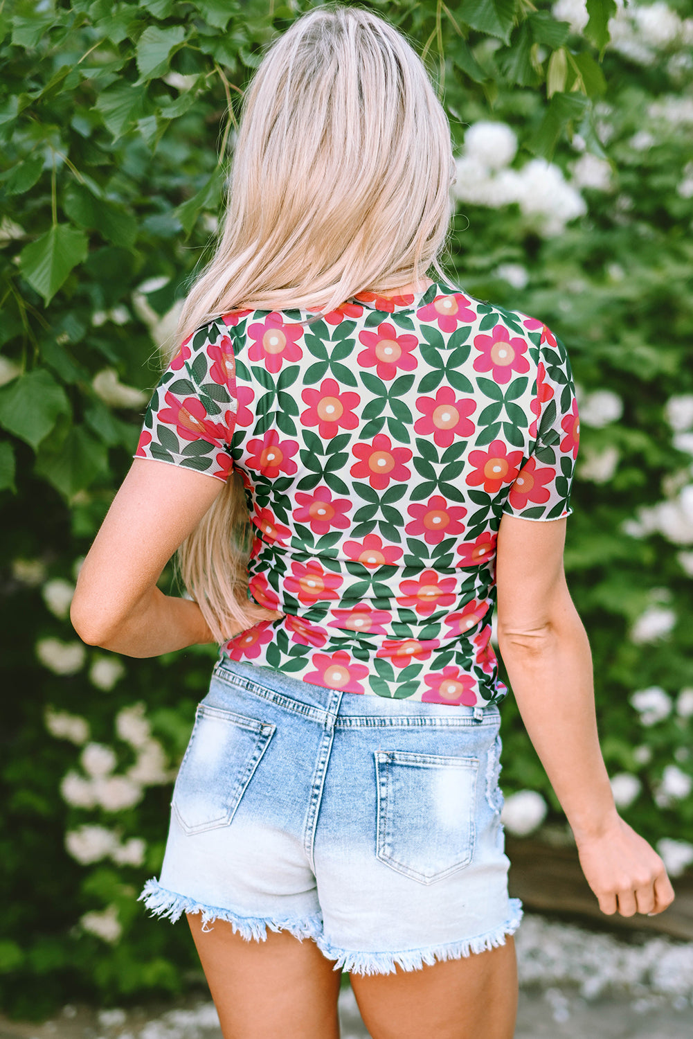 Fiery Red Retro Floral Print Crew Neck T Shirt