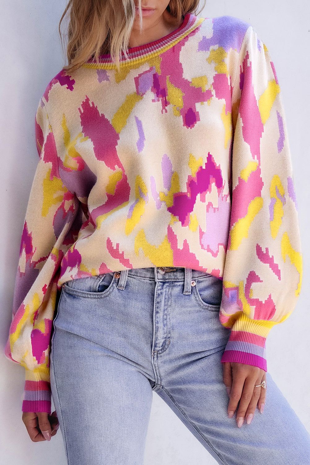 Abstract Print Colorblock Balloon Sleeve Sweater