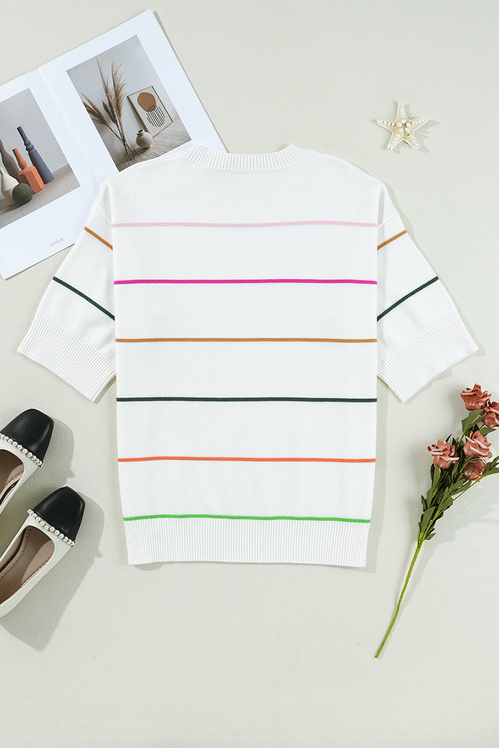 Colorblock Striped Half Sleeve Drop Shoulder Sweater