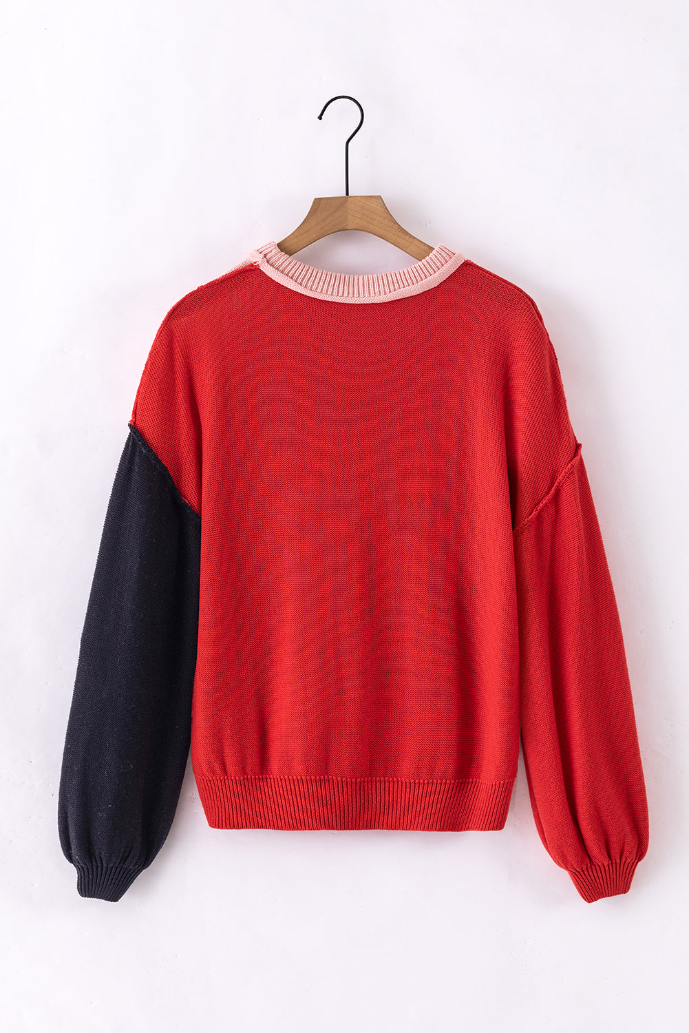 Colorblock Bishop Sleeve Ribbed Trim Sweater