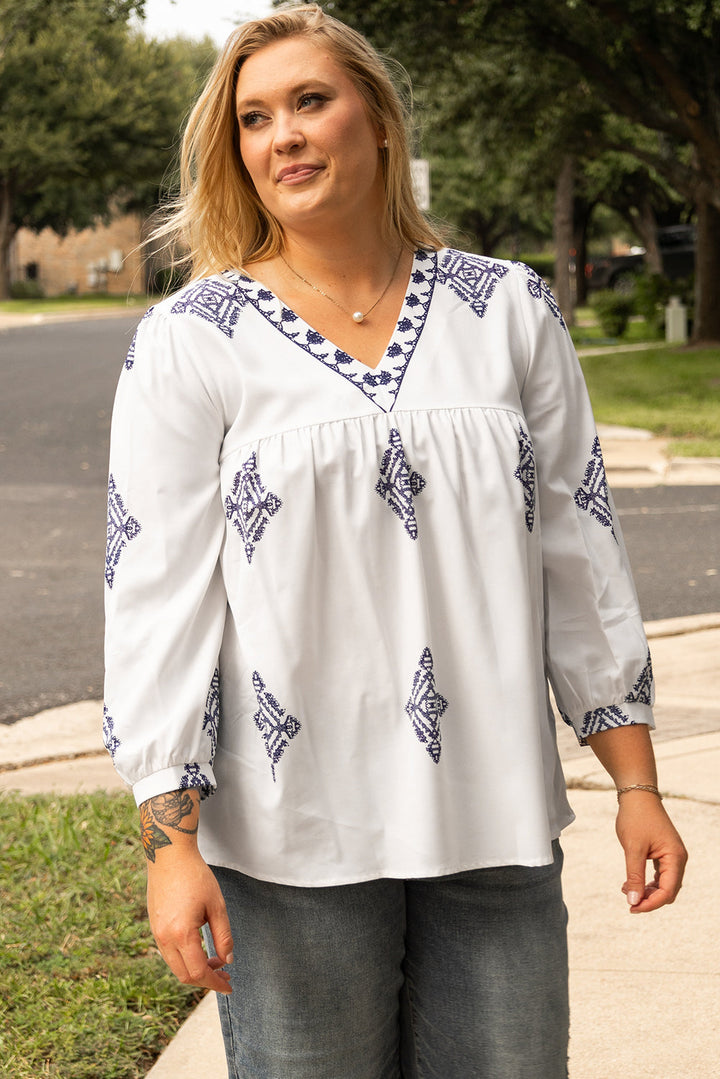 Boho Geometric Print V Neck Bracelet Sleeve Plus Size Blouse