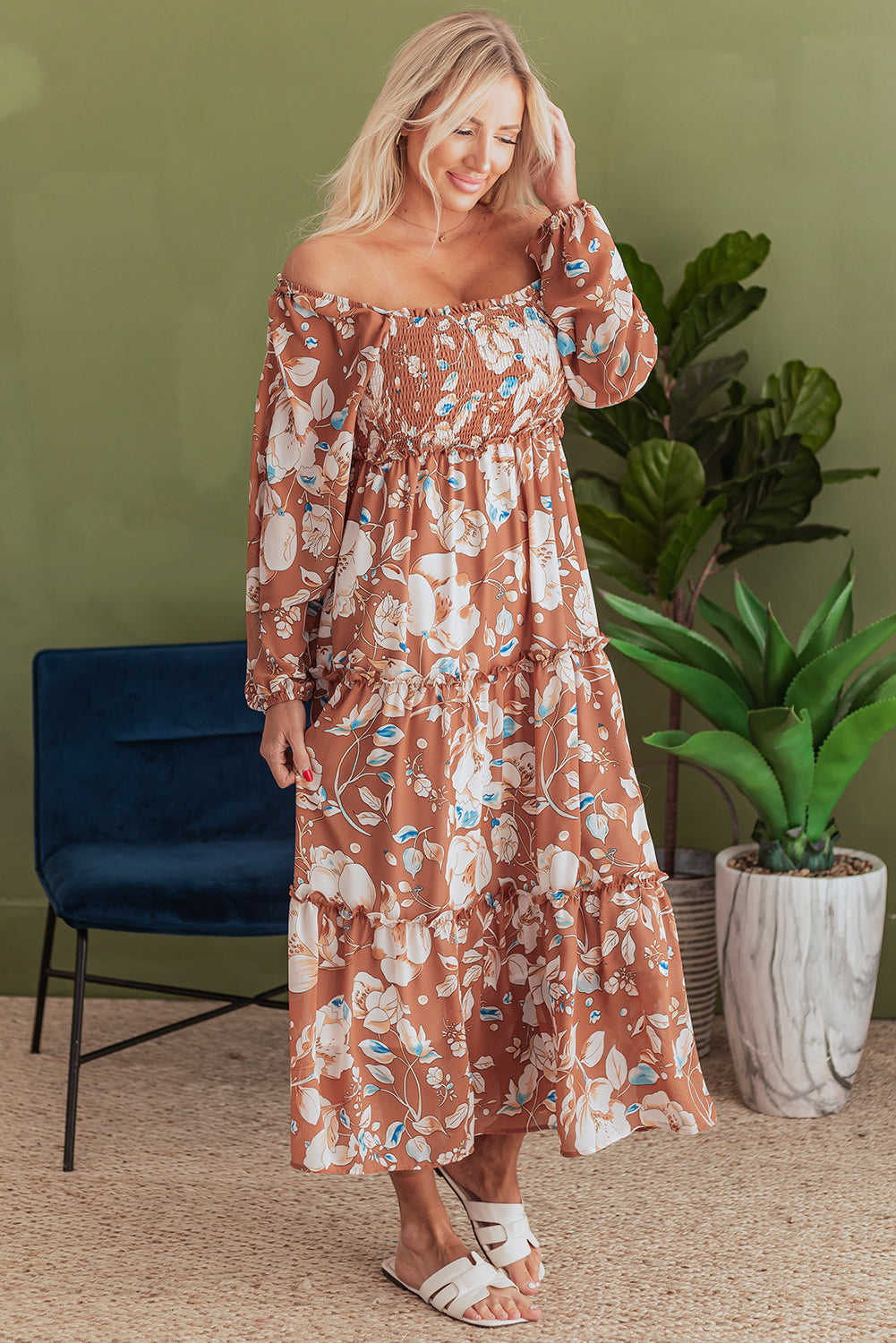 Floral Print Shirred Square Neck High Waist Maxi Dress