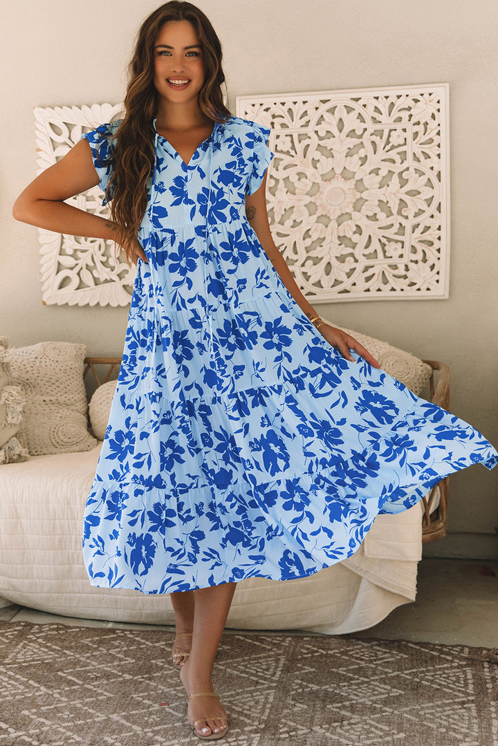 Floral Print Flutter Sleeve Maxi Dress