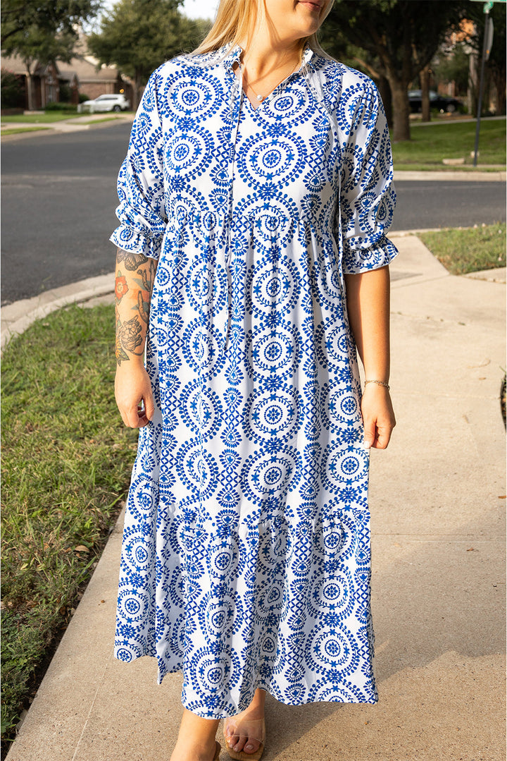 Geometric Print Lace-up Notch Neck Plus Size Maxi Dress