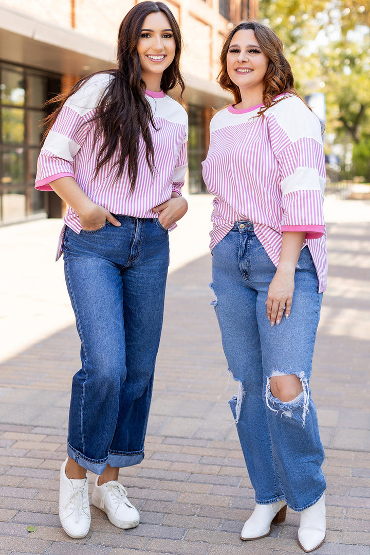 Striped Patchwork 3/4 Sleeve Casual Top