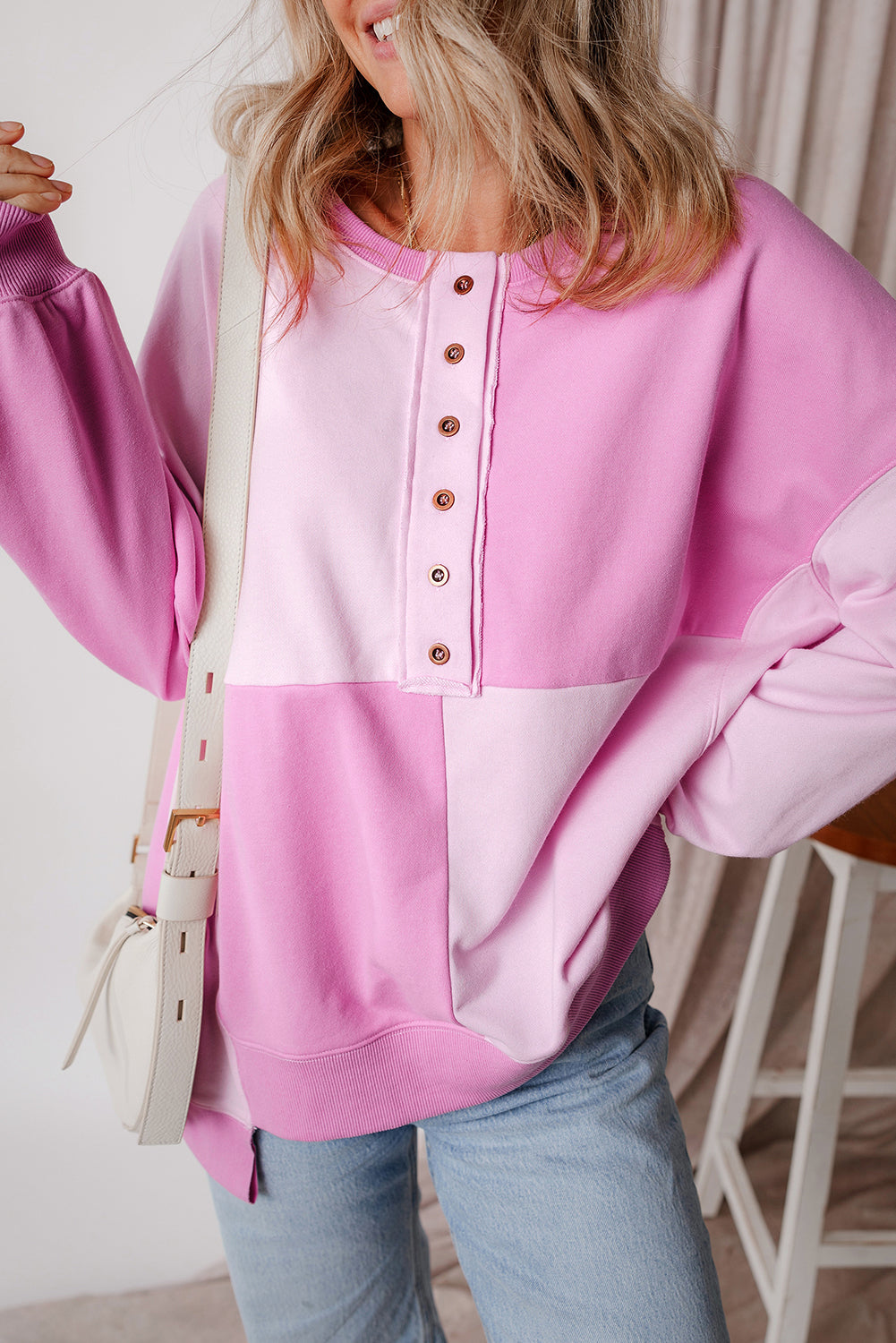 Colorblock Henley High Low Oversize Sweatshirt