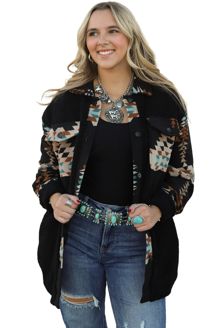 Western Aztec Print Accent Fleece Shacket