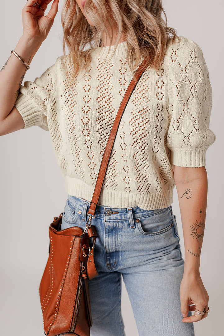 Hollowed Pattern Knit Short Puff Sleeve Sweater