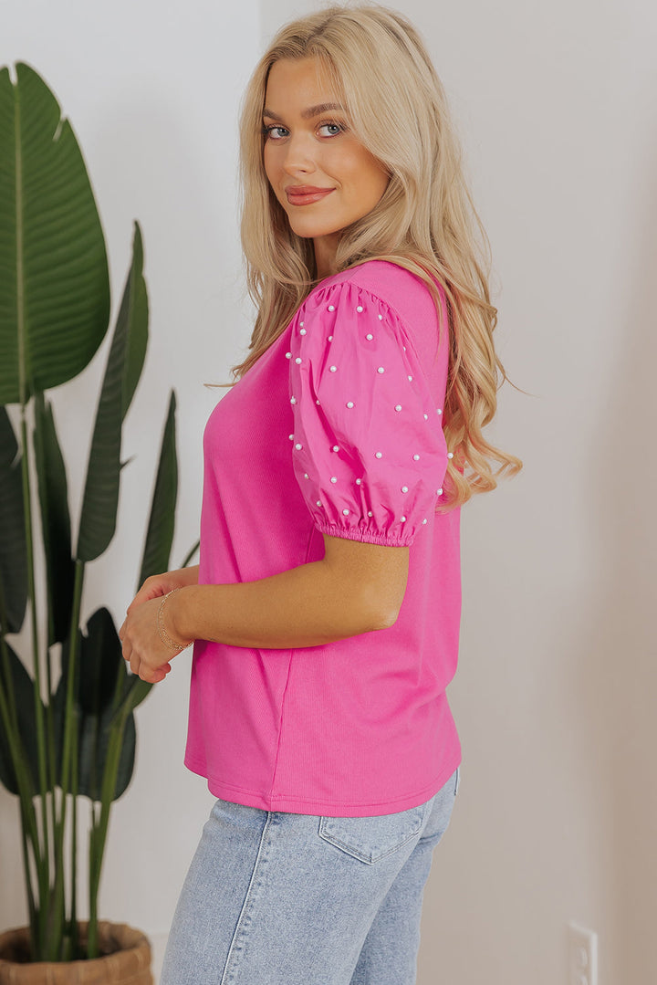 Ribbed Pearl Beaded Puff Sleeve Top