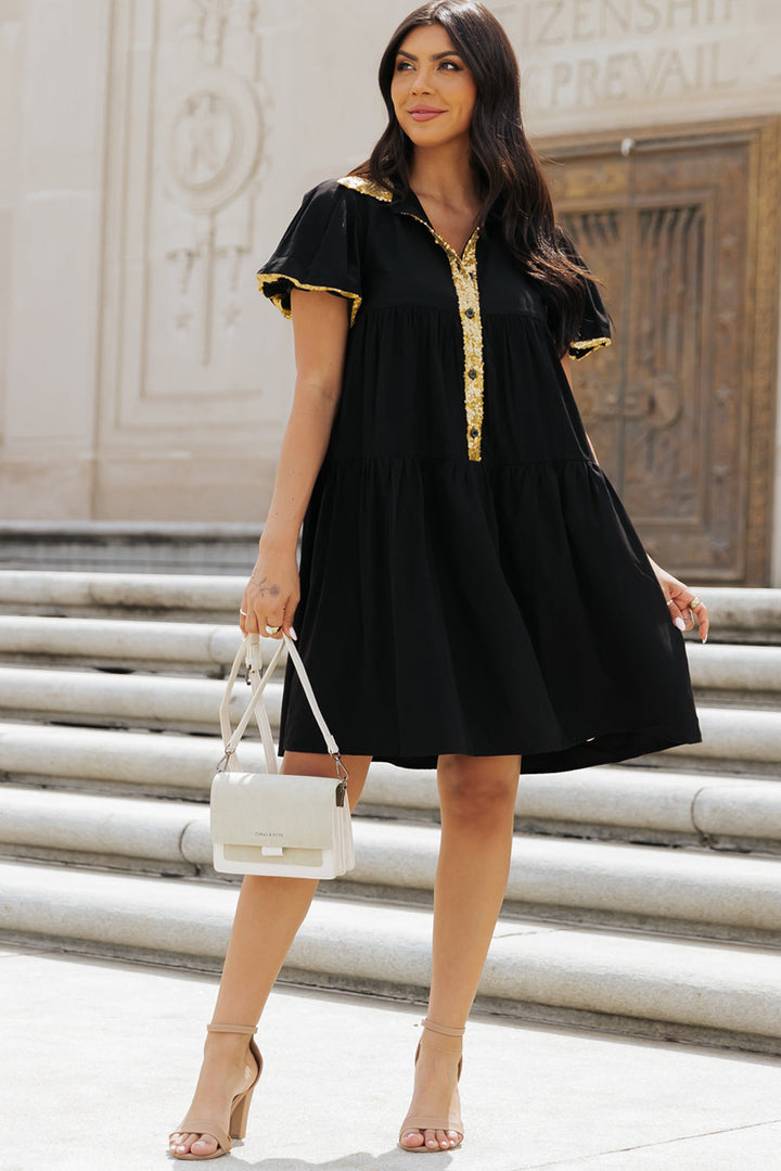 Sequin Trim Bubble Sleeve Game Day Shirt Dress