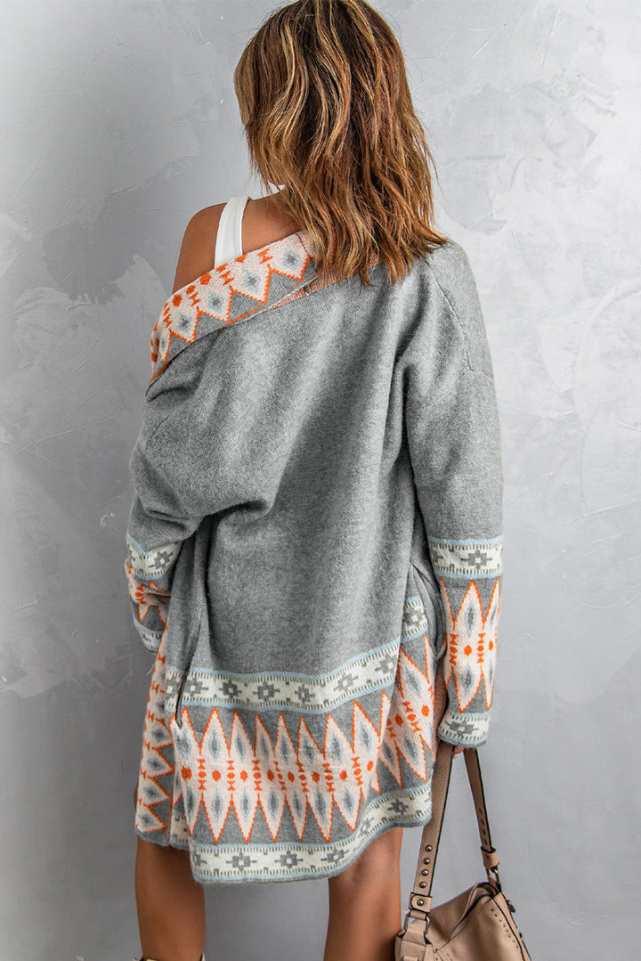 Aztec Print Open Front Knitted Cardigan