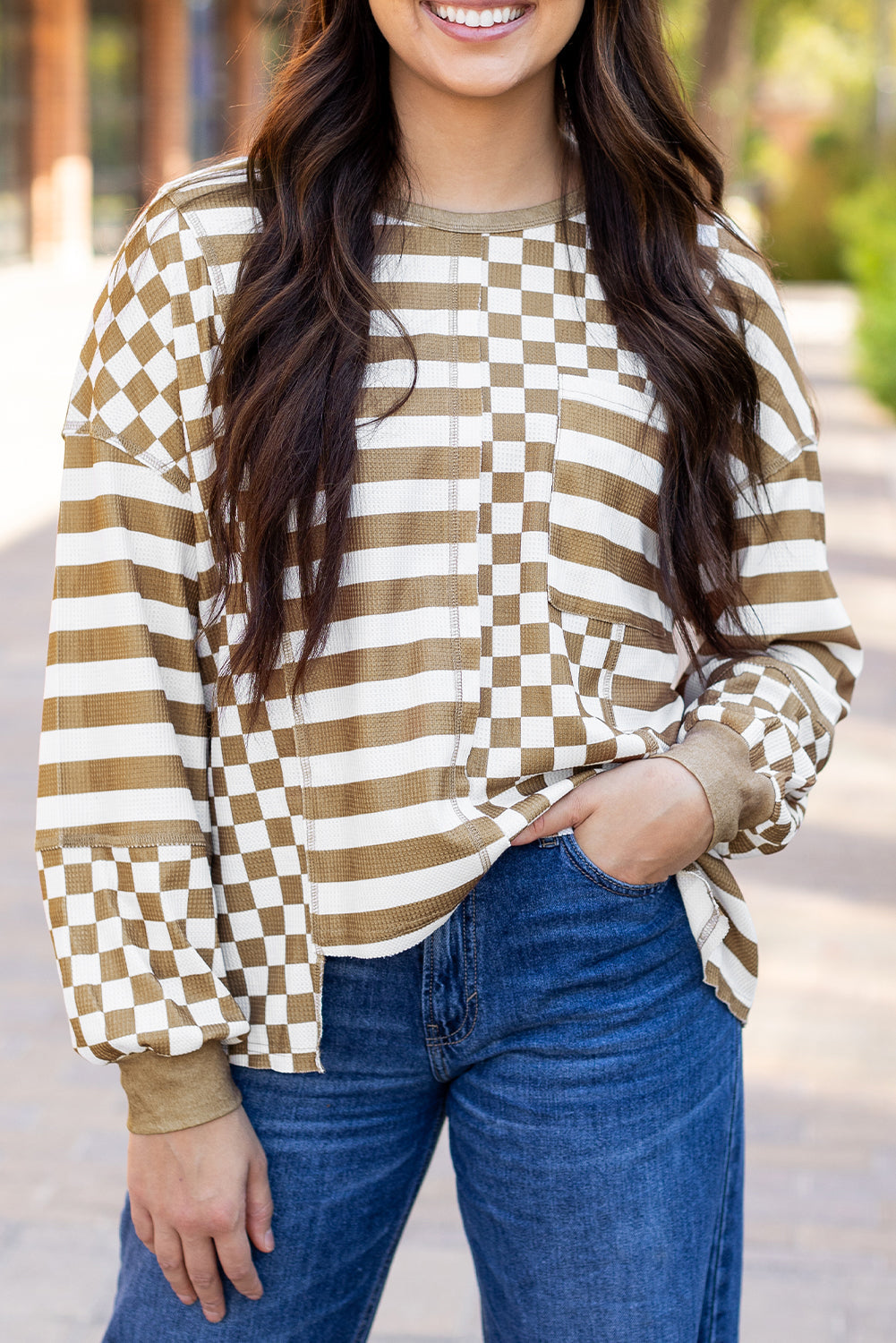 Checkerboard Striped Patchwork Lantern Sleeve Pocketed Blouse