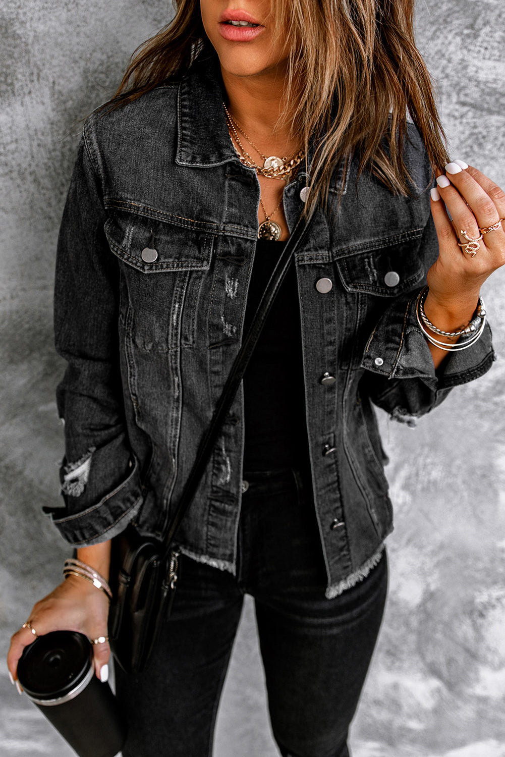 Lapel Distressed Raw Hem Buttons Denim Jacket