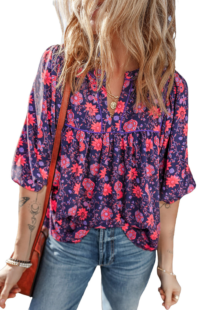 Floral Half Sleeve Split Neck Blouse Top