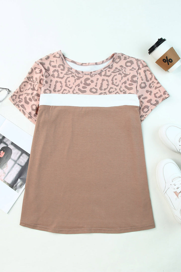 Khaki Leopard Yoke Color Block T Shirt