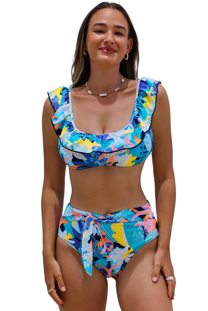 Tropical Print Ruffled Square Neck Tie High Waist Swimsuit