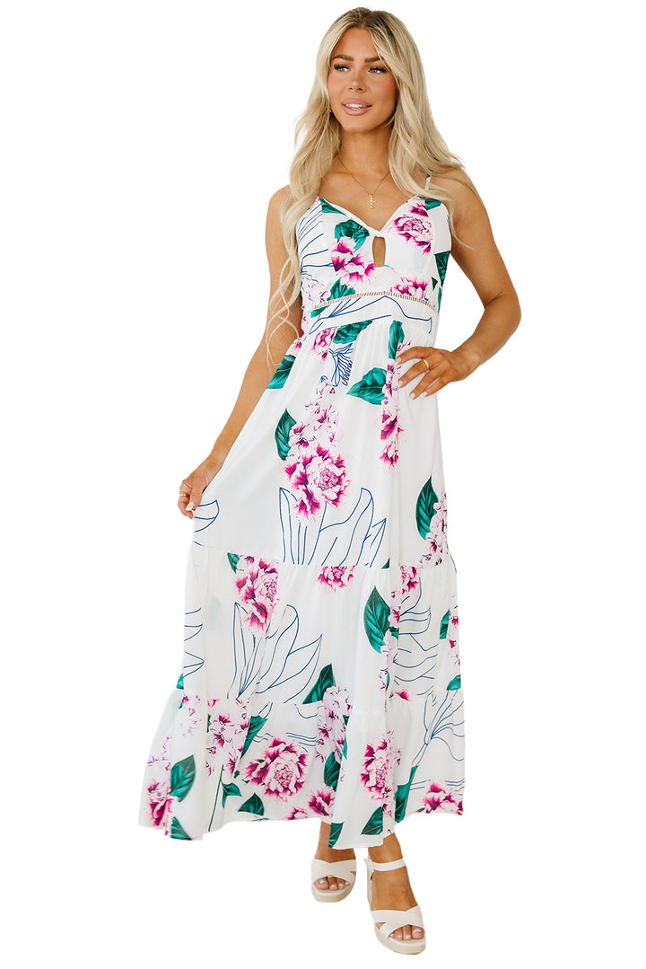 White Floral Twist Cutout Adjustable Straps Maxi Dress