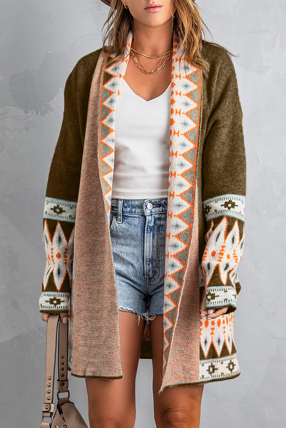 Aztec Print Open Front Knitted Cardigan