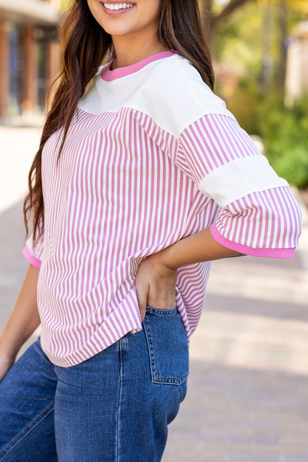 Striped Patchwork 3/4 Sleeve Casual Top