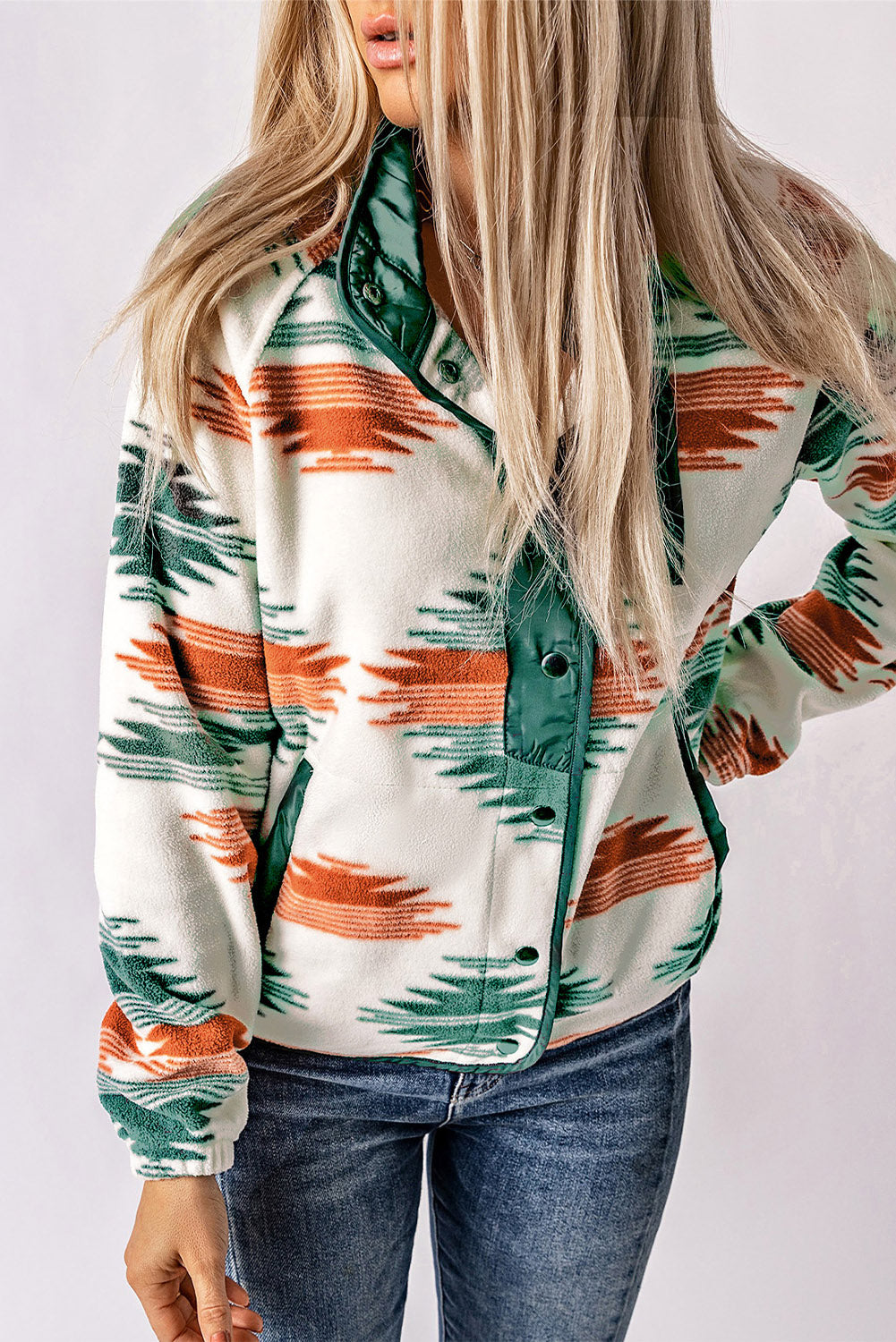 Western Aztec Snap Buttoned Fleece Jacket