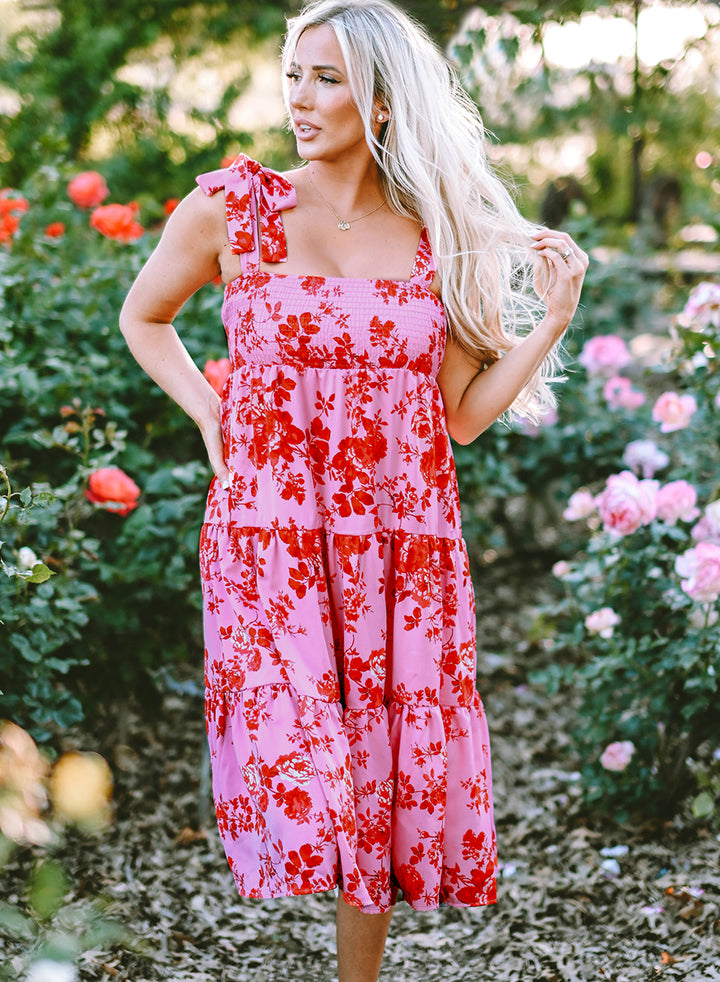 Pink Tie Shoulder Straps Tiered Floral Dress