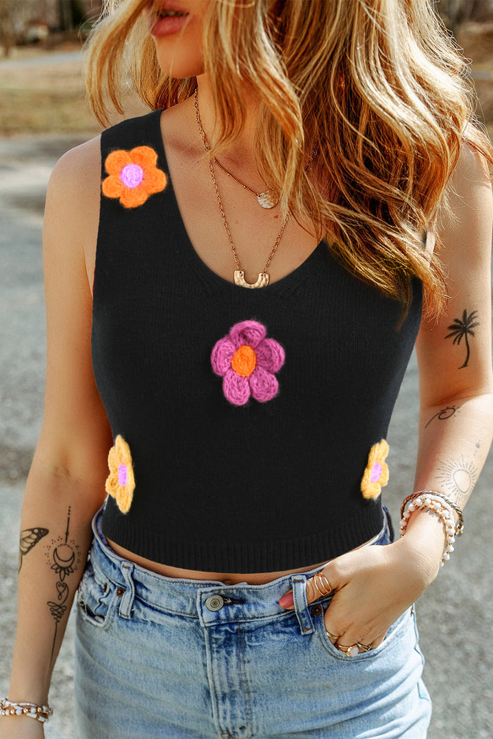 3D Flower Decor Cropped Sweater Vest