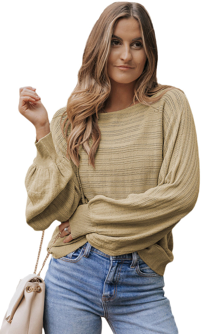 Lantern Sleeve Eyelets Textured Knit Sweater